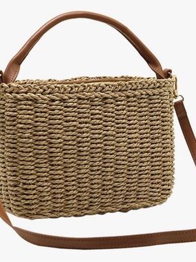 Woven Straw Crossbody Bag with Brown Leather Trim